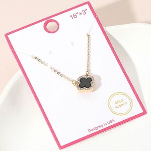 Black Gold Rhinestone Crystal Trim Quatrefoil Clover Chain 0.5 Pendant Necklace